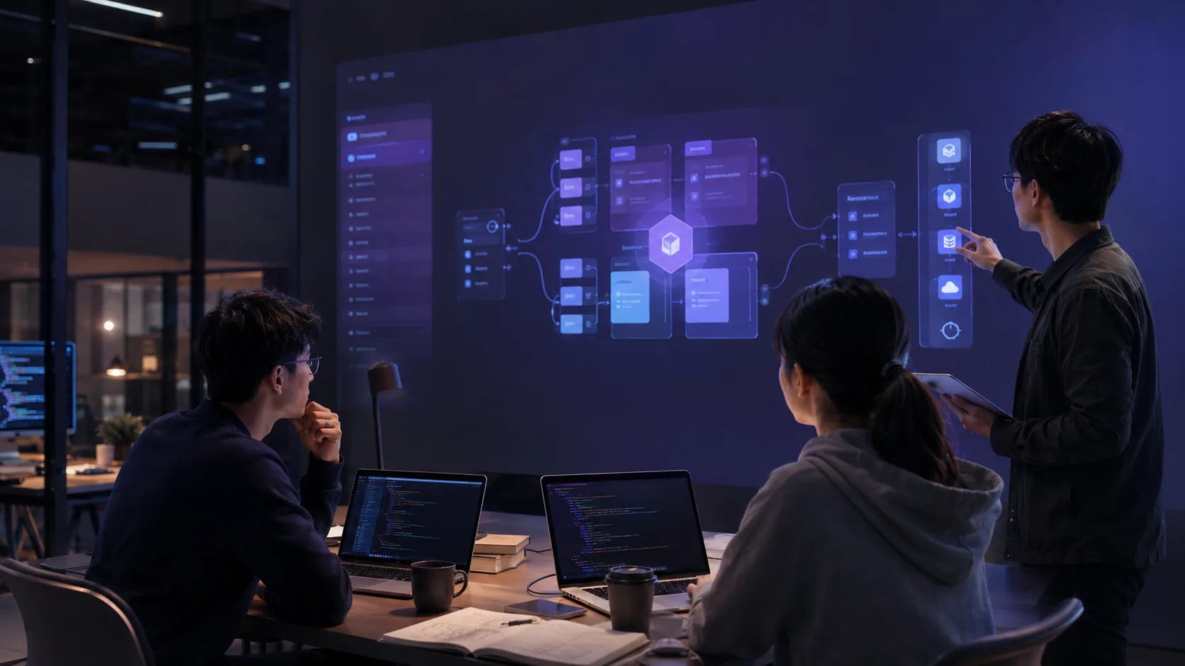 开发者团队在深色界面前使用 AI 快速搭建应用原型